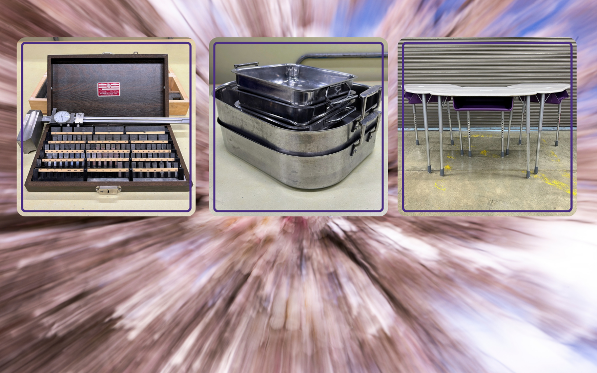 Height gauge - $10.00 Roasting/serving stainless steel pans - $10.00 - $20.00 each Virco Zuma student desks with purple cubbies - $15.00 each