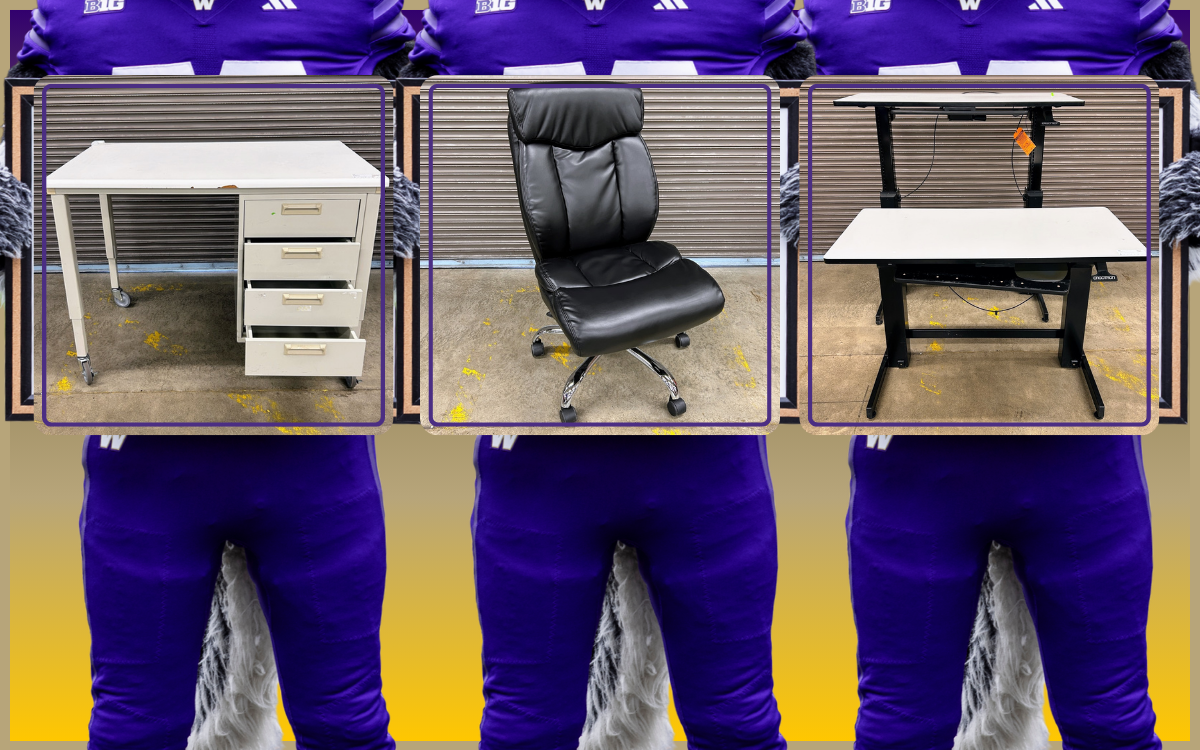 a trio of "harry the husky" mascots holding images of a rolling desk with attached cabinet, a large black leather rolling chair and two adjustable height desks