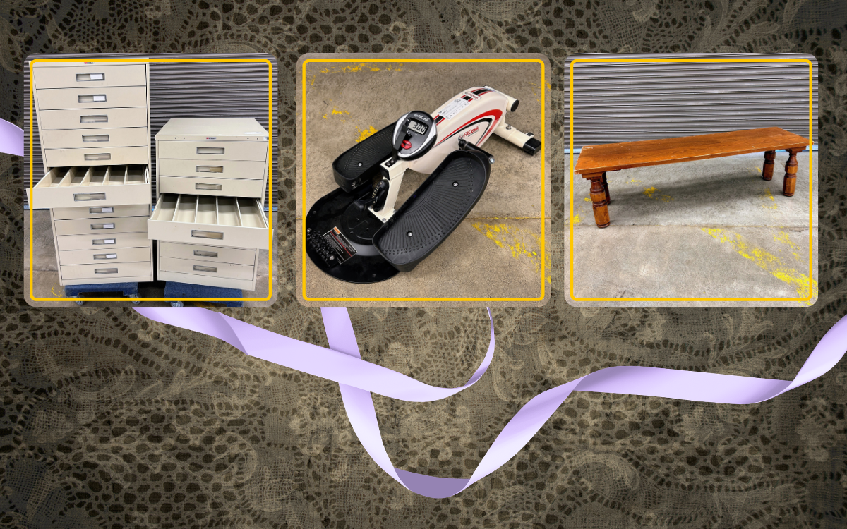 lace with a piece of ribbon behind pictures of card cabinets, a small elliptical desk unit, and a short wood table