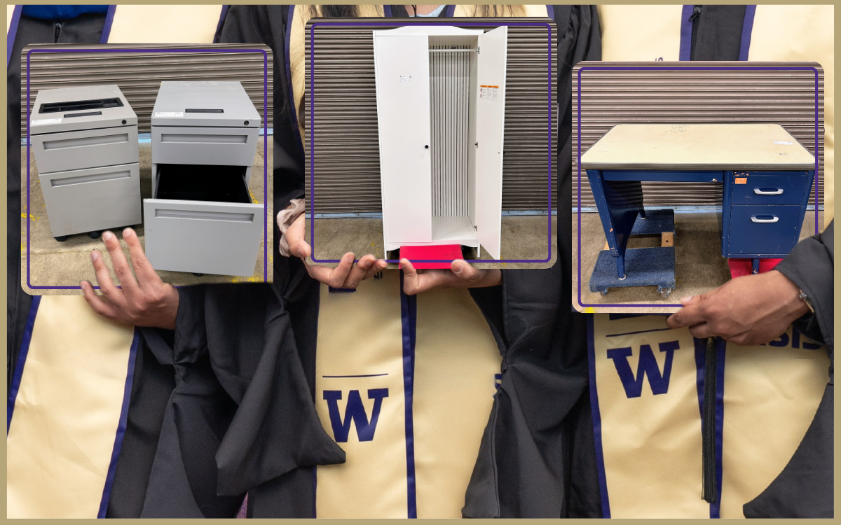 three people in graduation robes holding up images of two pedestal filing cabinets, a white cabinet and a blue tanker desk