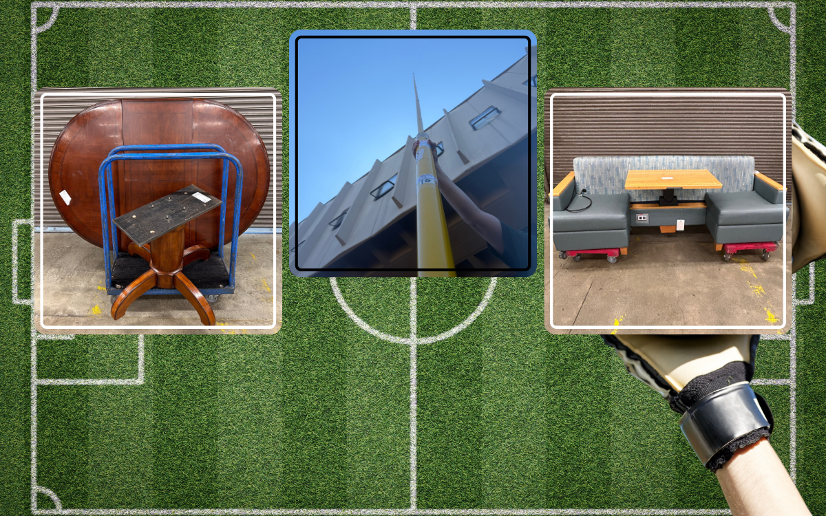 soccer field and a set of goalie gloves behind three images of an expandable table, an expandable 50 foot pole and a convertible sofa with attached table