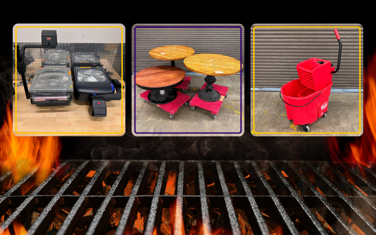 open flame grill with three images of overhead projectors, three low round tables and a new mop bucket