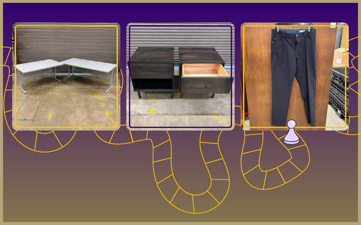 UW school colors gradient with a game board in front with three images of two grey tables, two nightstands and a pair of black pants