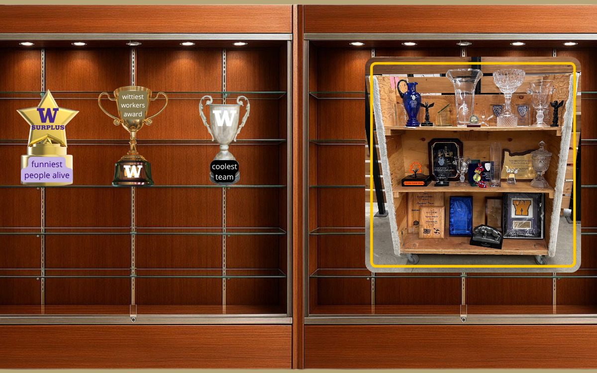 wood display cabinets showing a single image of a wood machine cart holding many kinds of trophies and three fake trophies calling out team funny sit next to the image