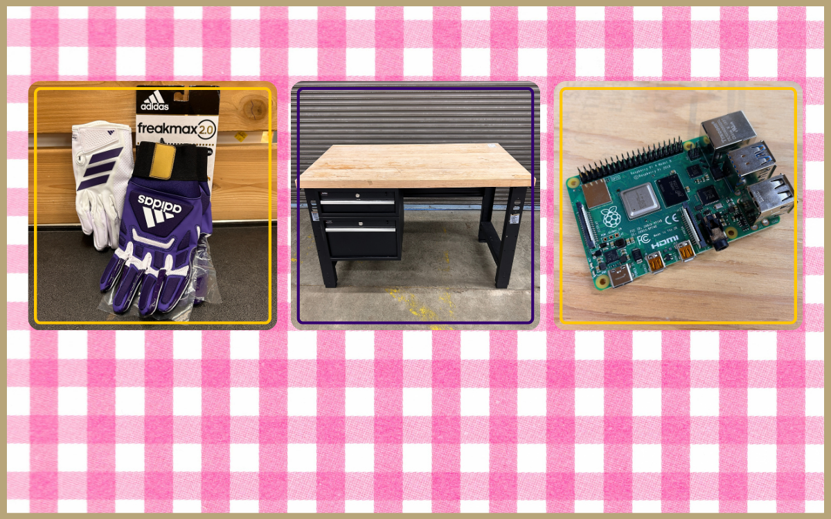 UW branded football gloves - white style $10 per pair, purple style $20 per pair Maple butcher block work bench with drawers - $125 each, many available Raspberry Pi 4 model Bs - $10 each, multiple available