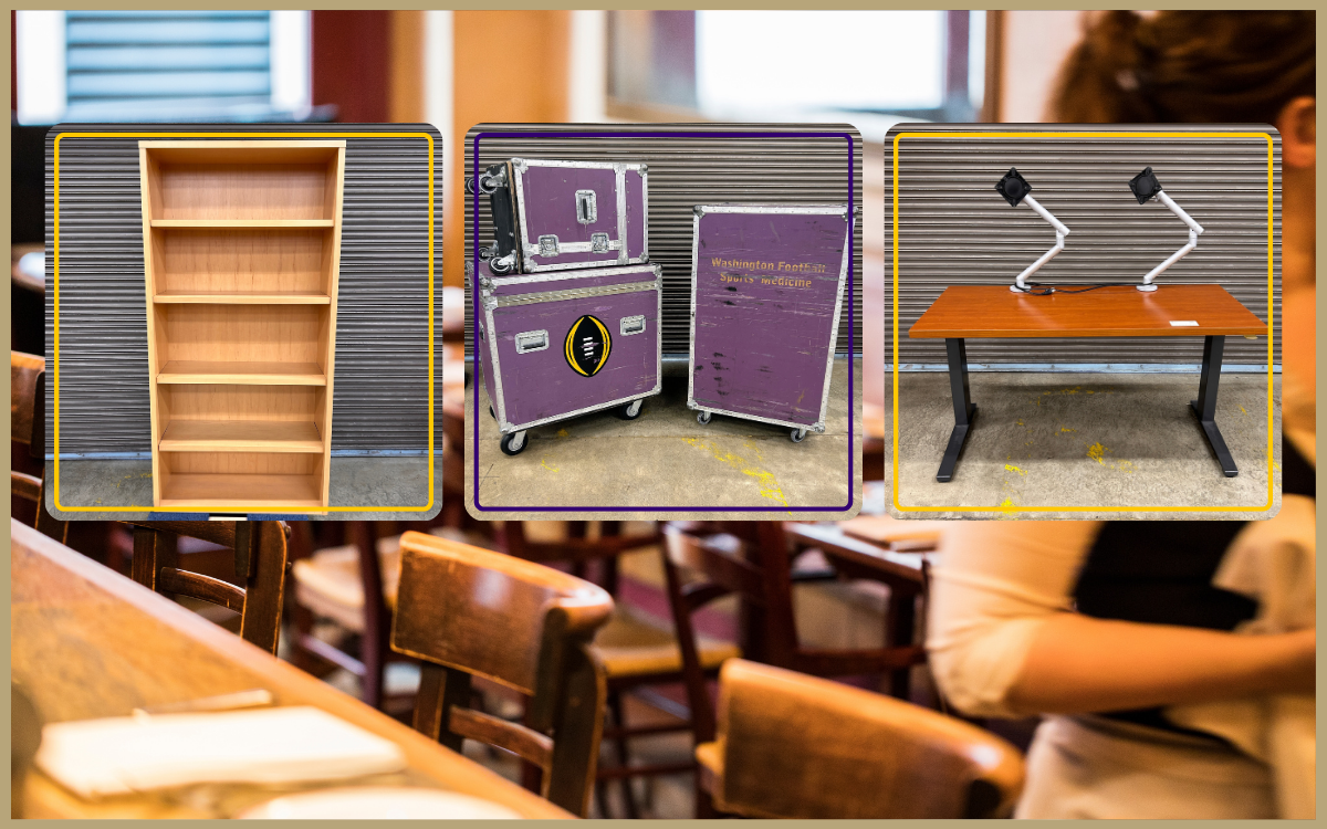 Wood bookshelf - $30 Husky travel cases - $25 - $45 each Height adjustable table with dual monitor mounts - $95