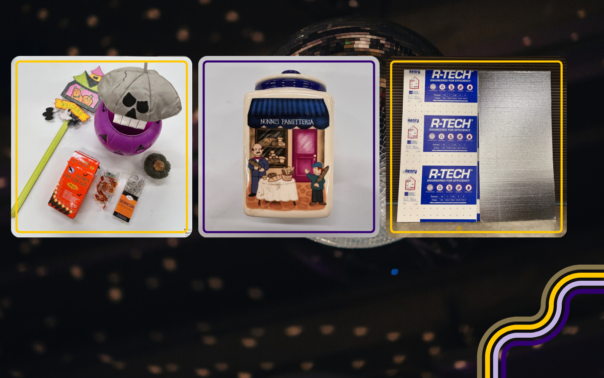 disco ball against a dark background with three images of various halloween decorations, a cookie jar and sheets of large foam boards