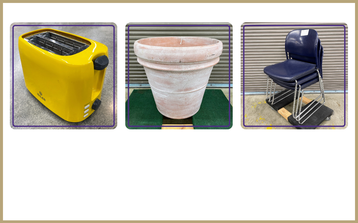 yellow toaster, planter, stack of chairs