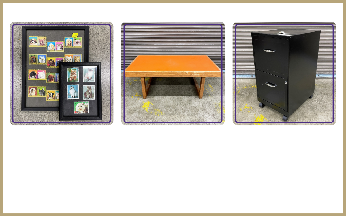 stamps in frames, orange coffee table, 2 drawer file cabinet on wheels