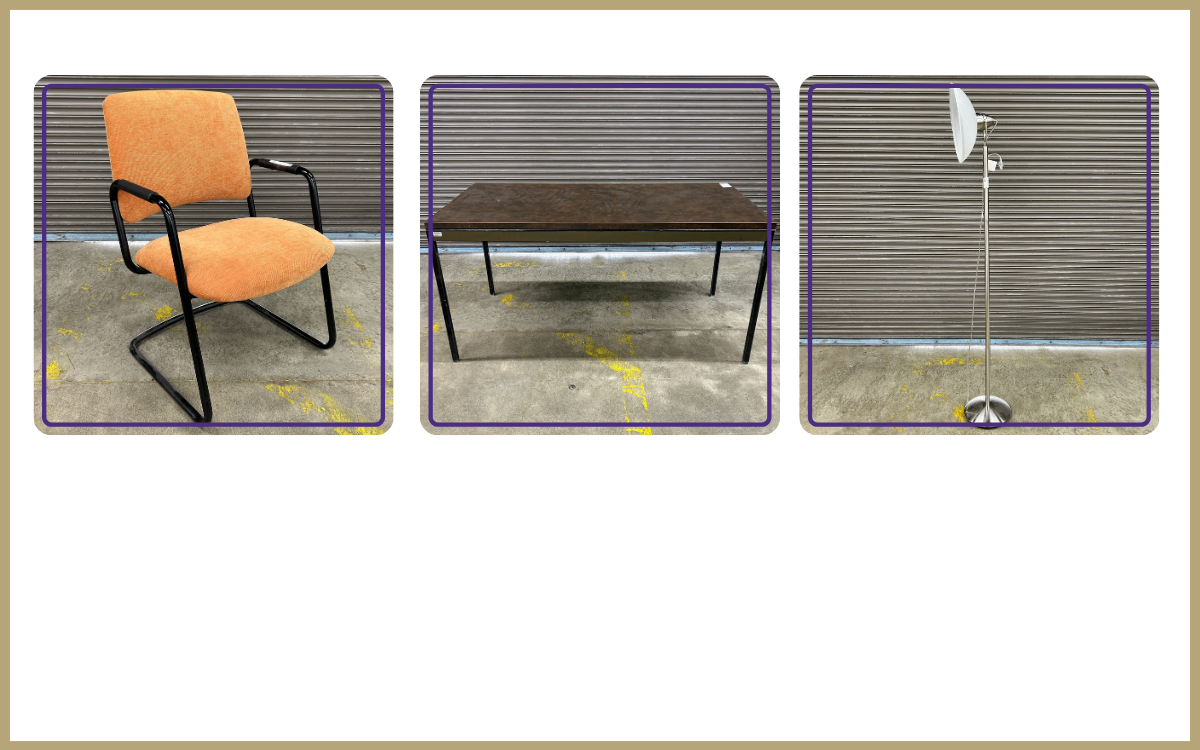 Orange fabric chair, steelcase table, floor lamp