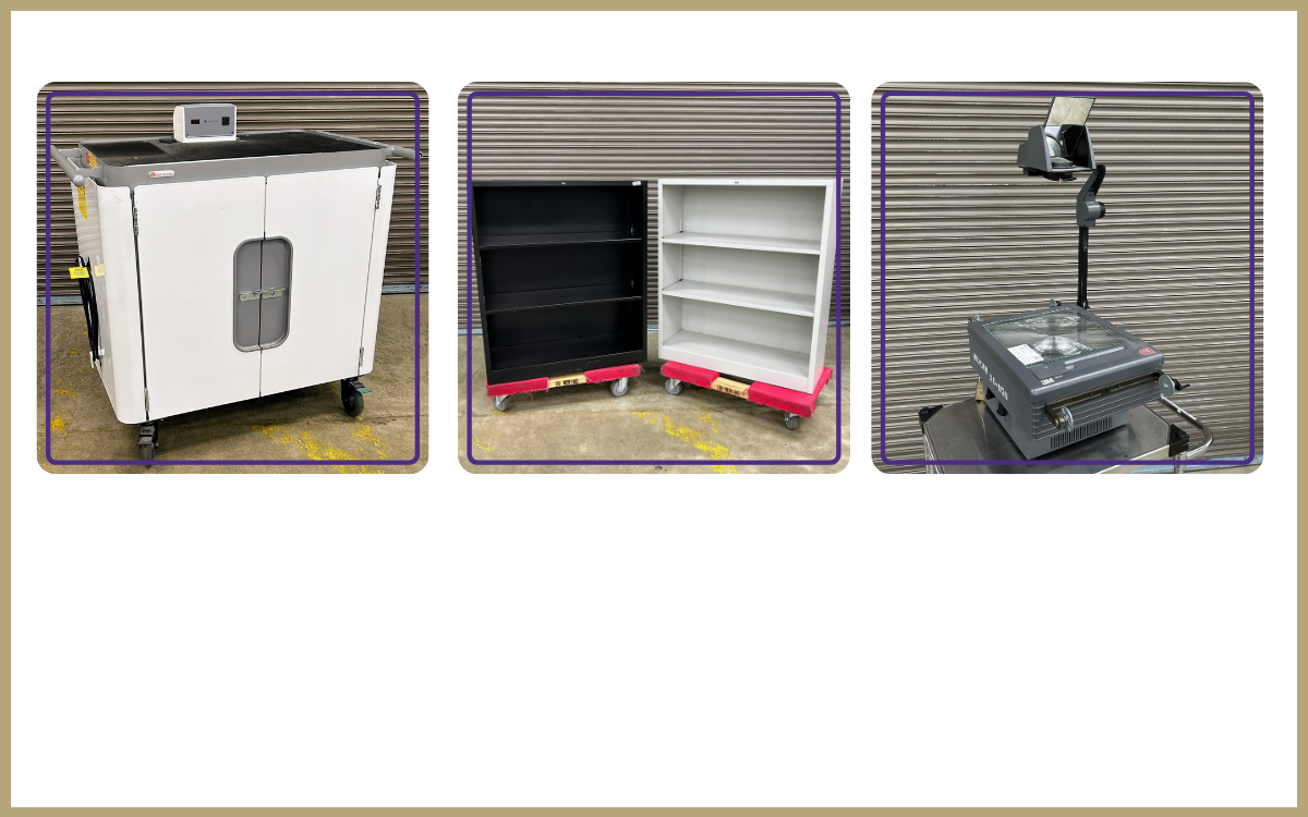 Laptop charging and storage cart, Duo of Hon metal bookshelves, overhead projector
