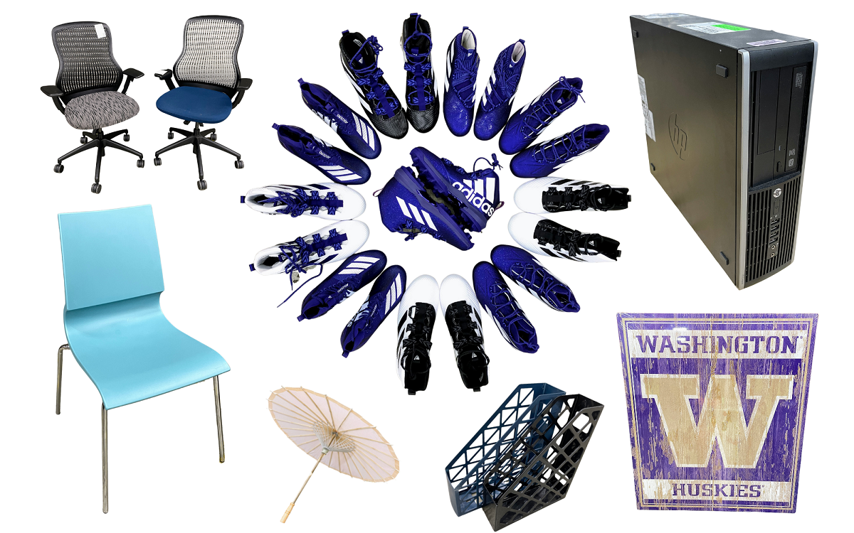 Photos of: desk chairs, adidas cleats, computer tower, wood huskies sign, magazine organizers, parasol, blue stacking chair