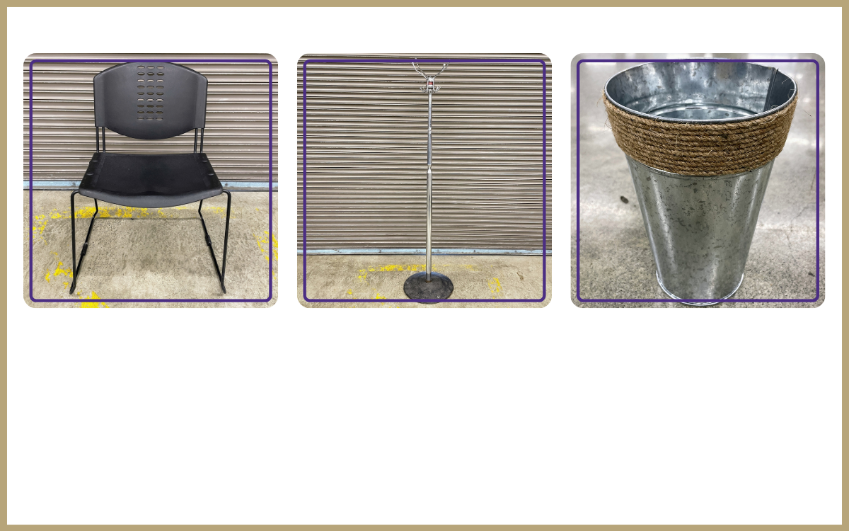 black stacking chair, metal coat stand, decorative small galvanized steel pail with jute detailing