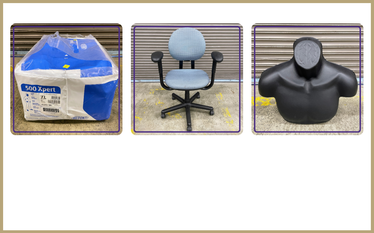 pack of tyvek suits, blue office chair, black plastic bust