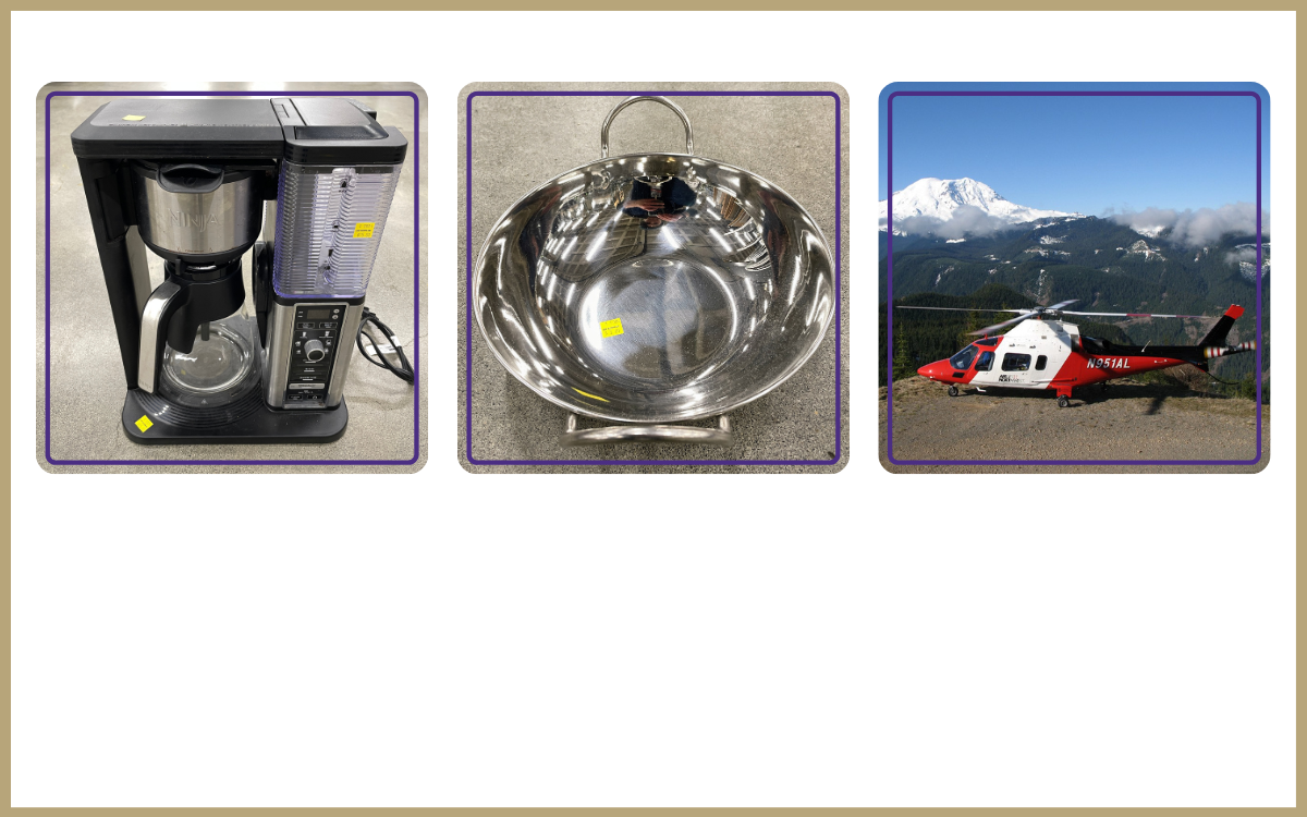 coffee maker, round dish with handles, helicopter in front of mountain