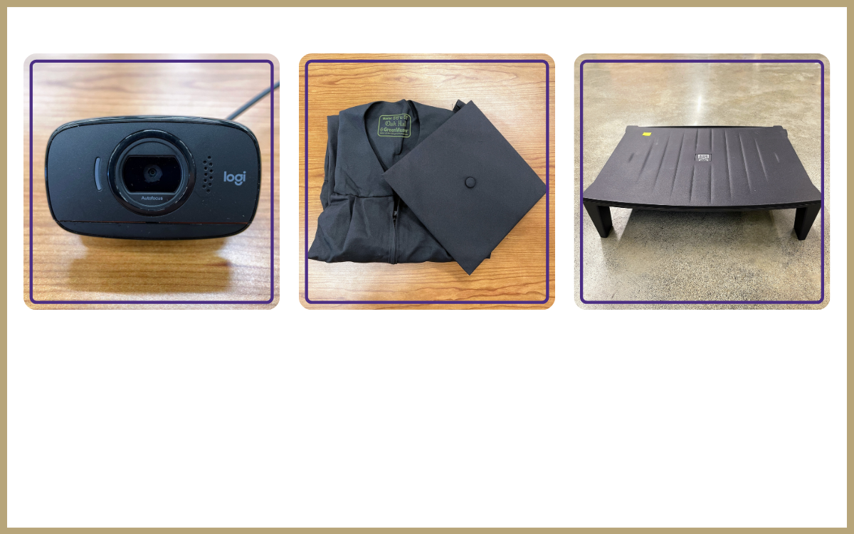 small webcam, graduation cap and gown, monitor stand