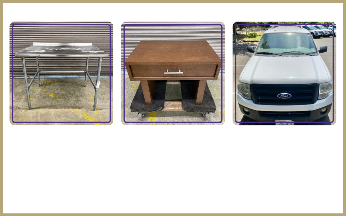 metal table, wood table, white SUV