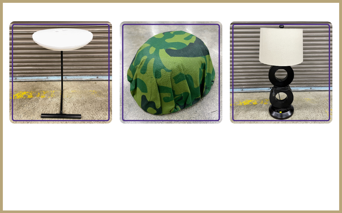 small table, army helmet, lamp