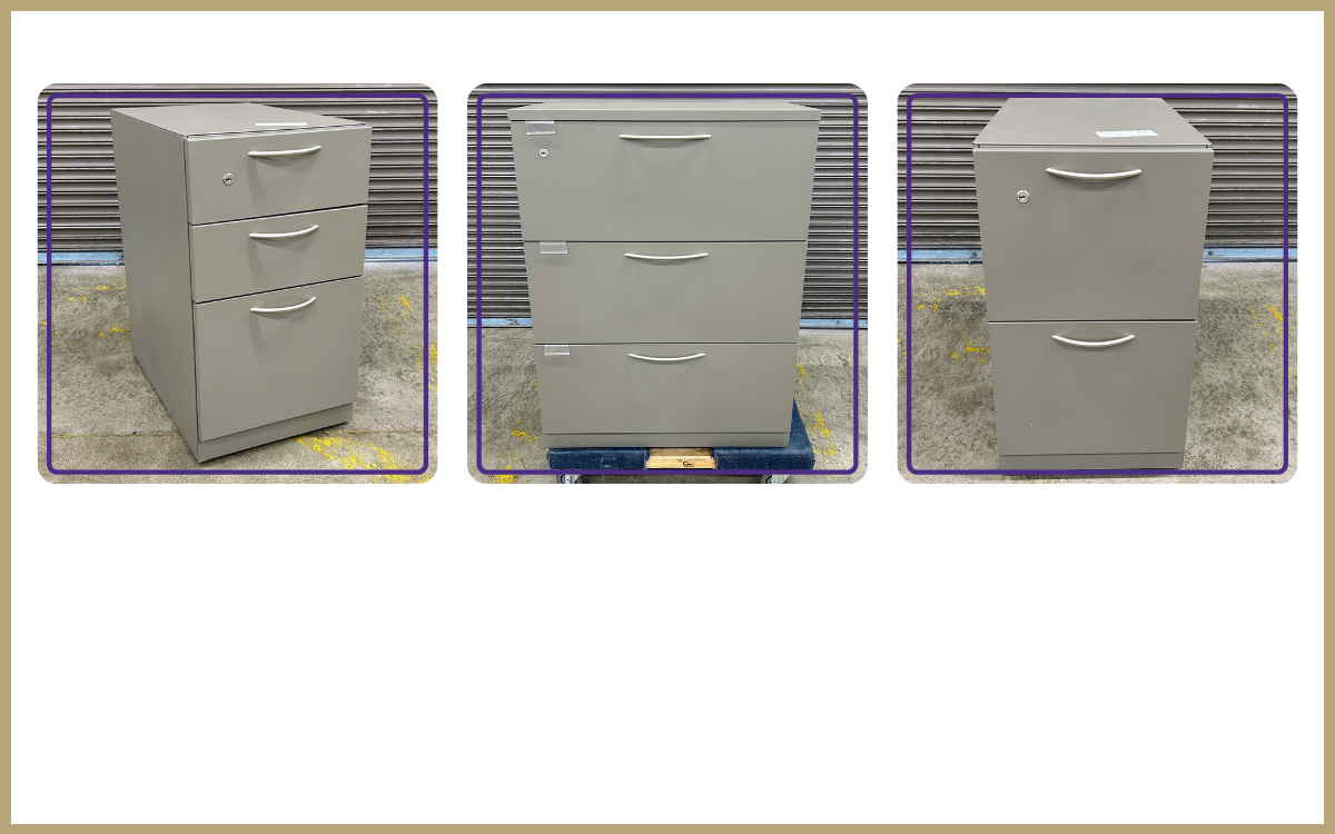 Steelcase file cabinets: 3-drawer pedestal, 3-drawer lateral, and 2-drawer pedestal.