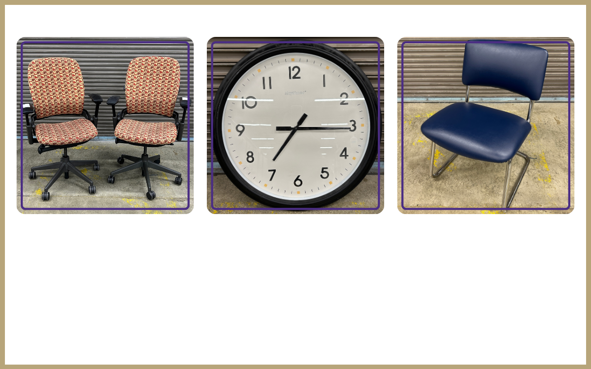 Duo of Steelcase patterned office chairs, large wallclock, blue vinyl chair
