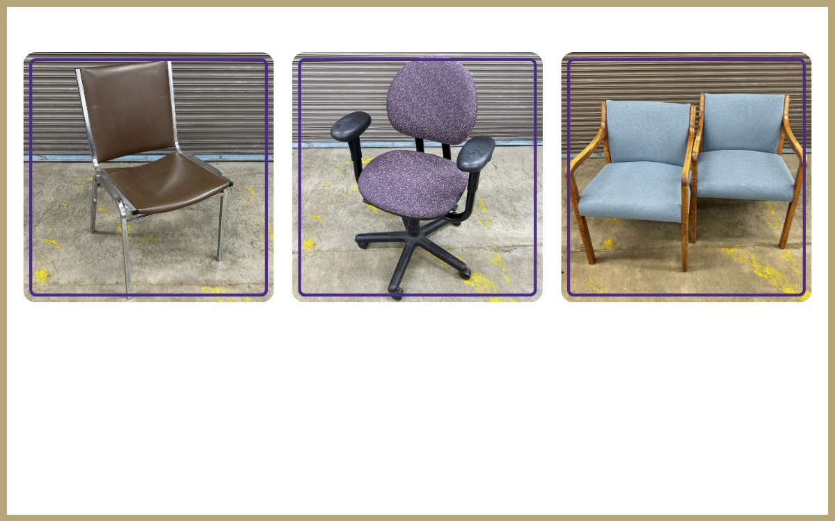 Vintage brown vinyl chair, violet fabric chair, duo of baby blue chairs