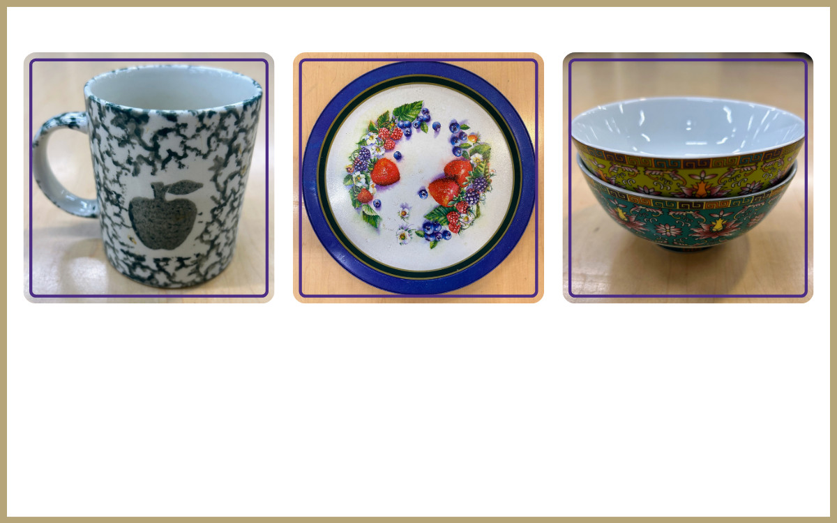apple mug, metal fruit plate, bowls