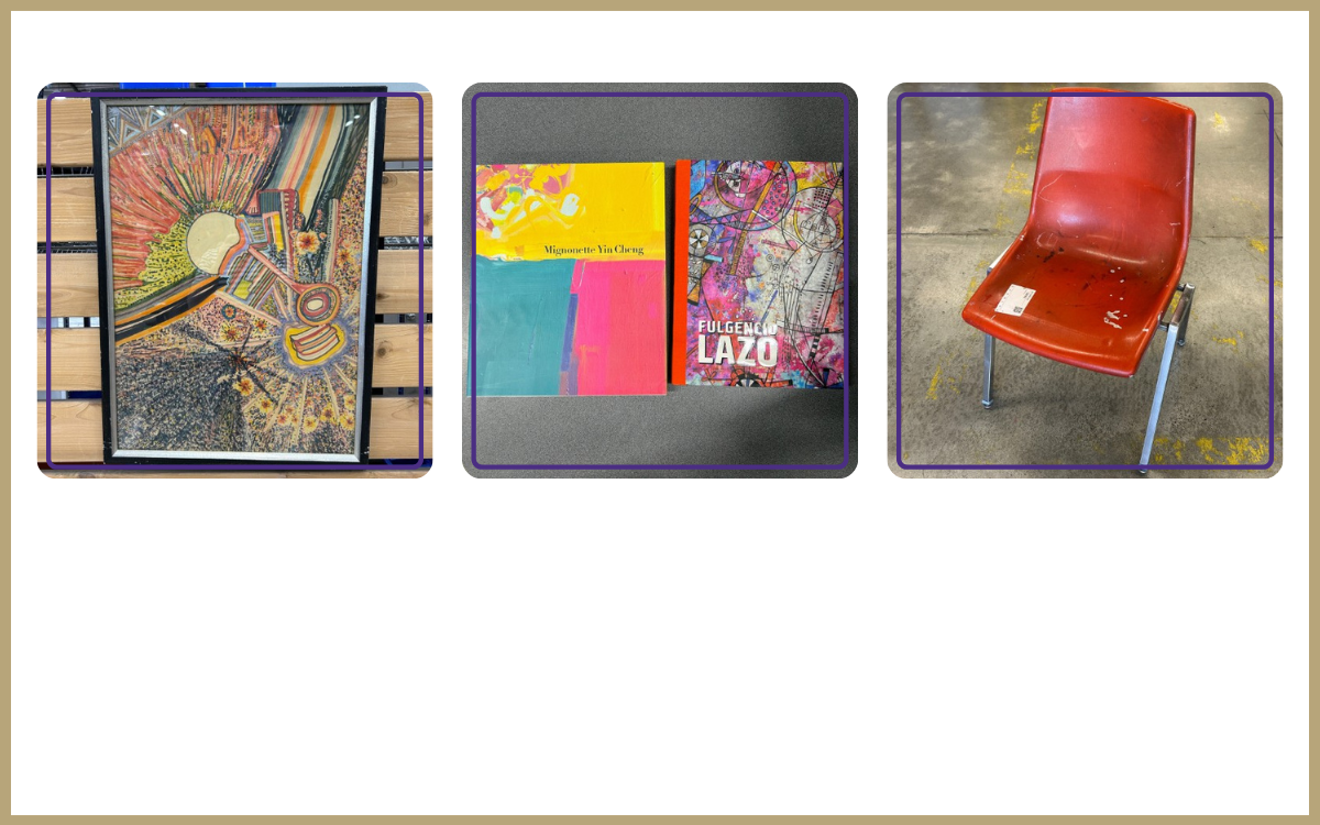 groovy artwork, art books, orange fabric chair