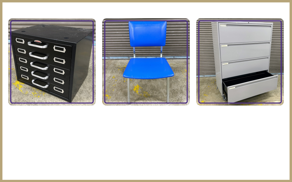 Neumade slide 5-drawer storage cabinet, Steelcase blue chair, 4-drawer lateral file cabinet