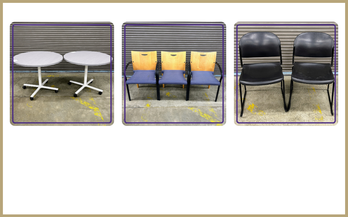 do of taupe round tables on wheels, trio of chairs with purple fabric seats and wood backs, and duo of two hard plastic black stacking chairs