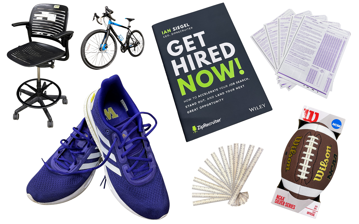Photos of: lab stool, bike, book, scantron sheets, football rulers, adidas sneakers