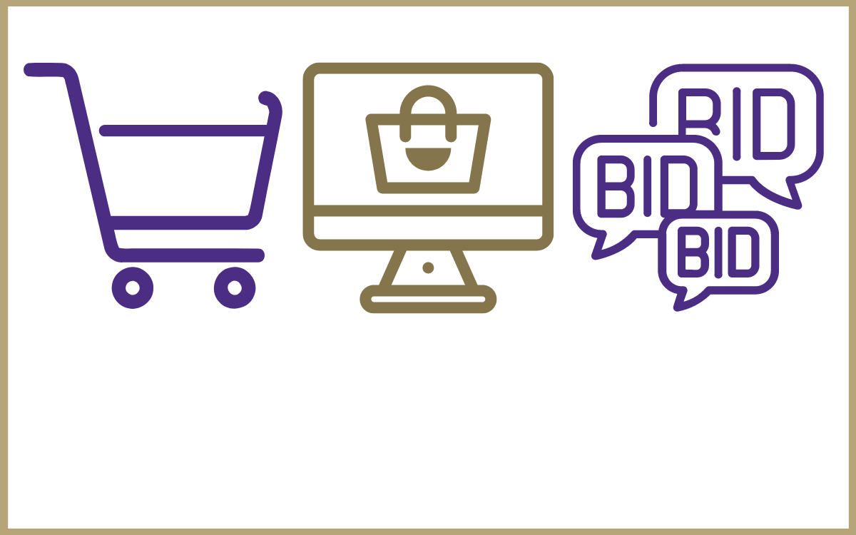 clip art of shopping cart, computer monitor, and speech bubbles with text reading: bid, bid, bid