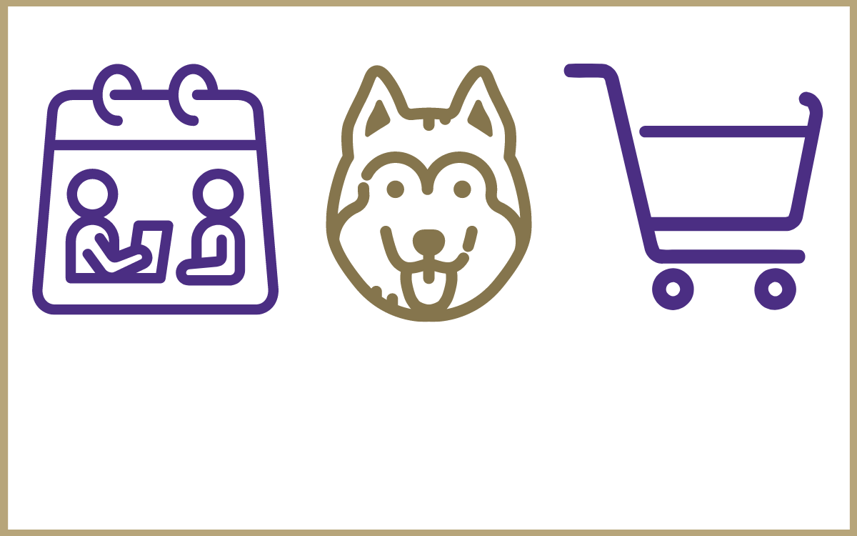 clip art of two figures in a meeting, husky dog, and shopping cart