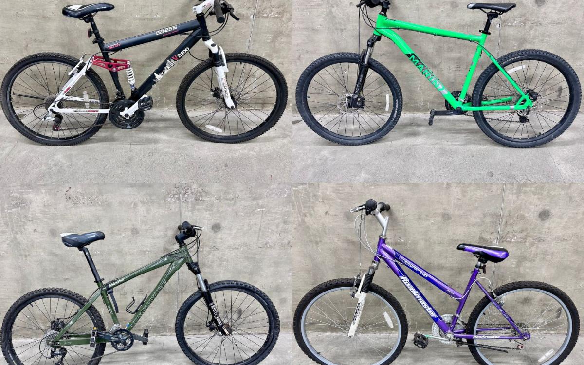 Four bikes: one each of black, lime green, moss green and purple.