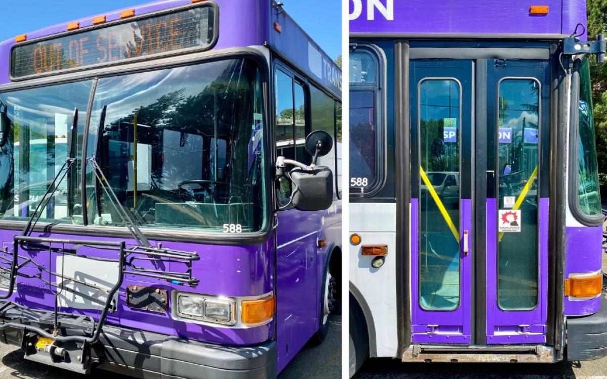Stitched views of a Gillig transit bus viewed from front and side door