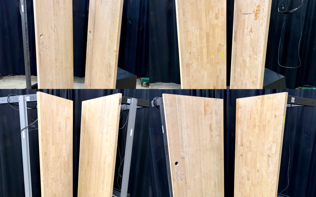 Stiched image of eight butcher block workbenches on their sides.