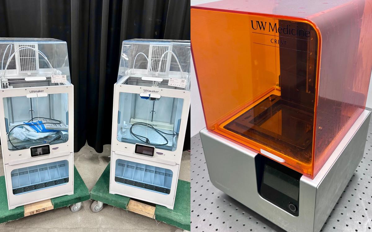 Stitched photo of two matching 3D printers, and one different one.