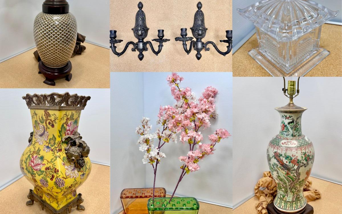 Stitch of home decor items including lamps, lights, and vases.