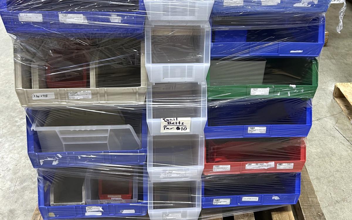 Akro bins on a pallet.
