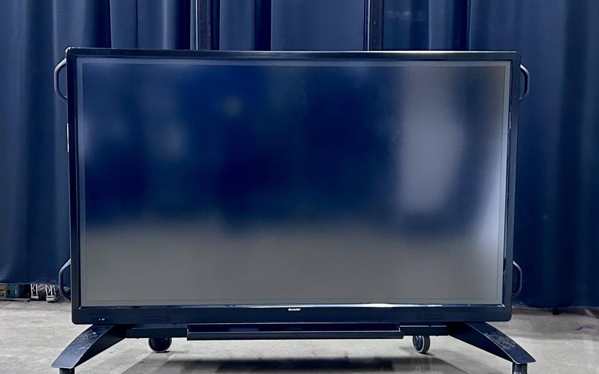 Sharp interactive TV on a rolling stand. 