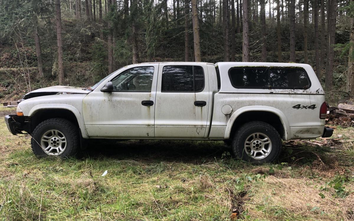 White Dodge Dakota pickup truck with damage to the front end.