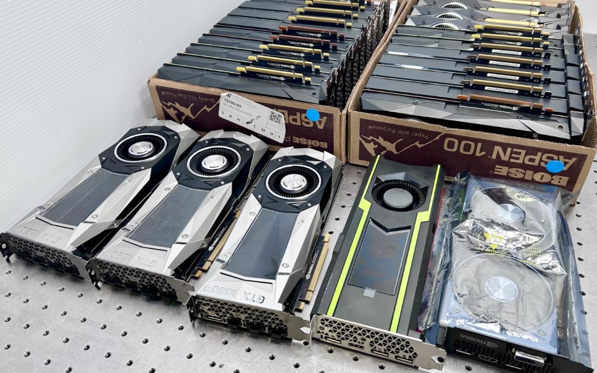 Graphics cards on a table.
