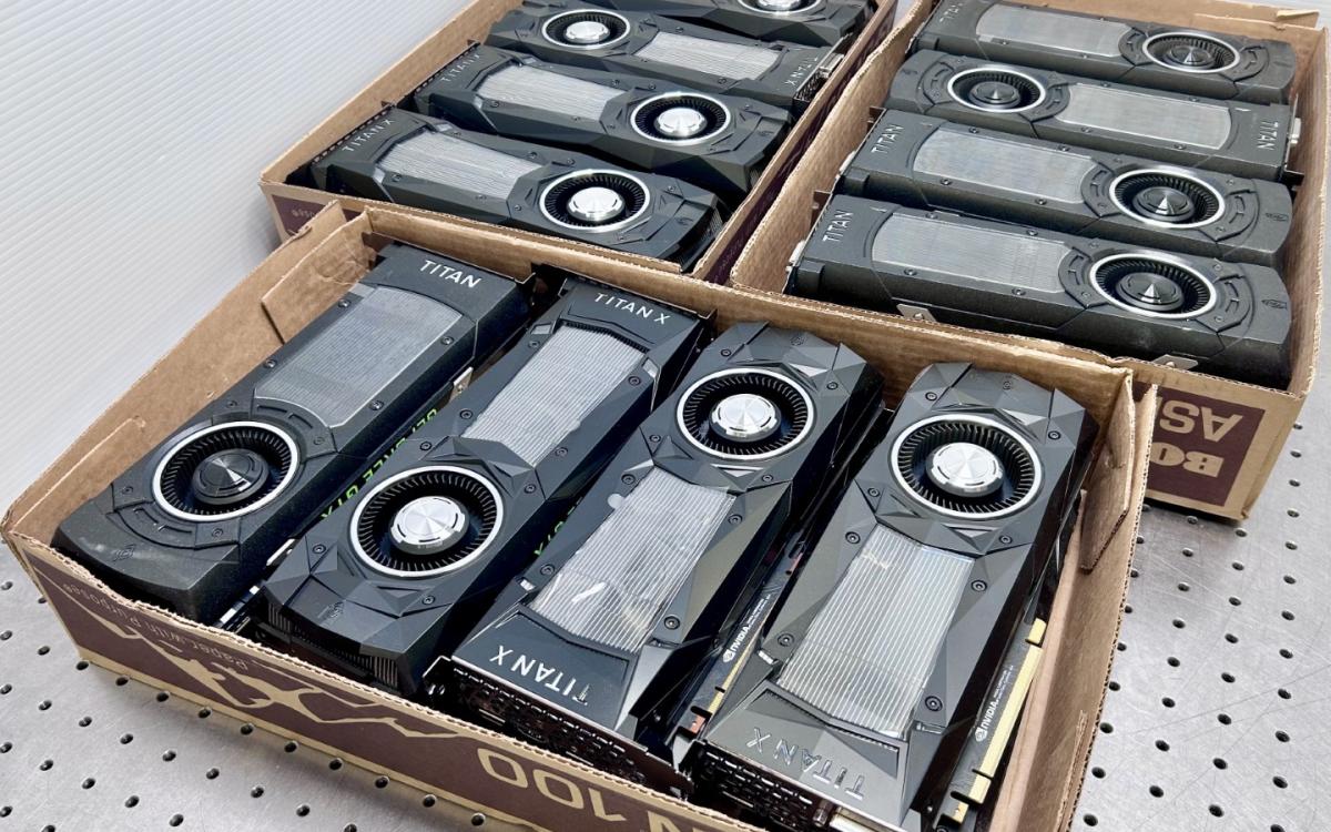 Three boxes of Nvidia graphics cards.