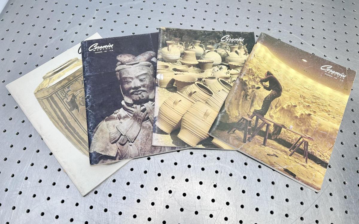An array of four Ceramics Monthly magazines.