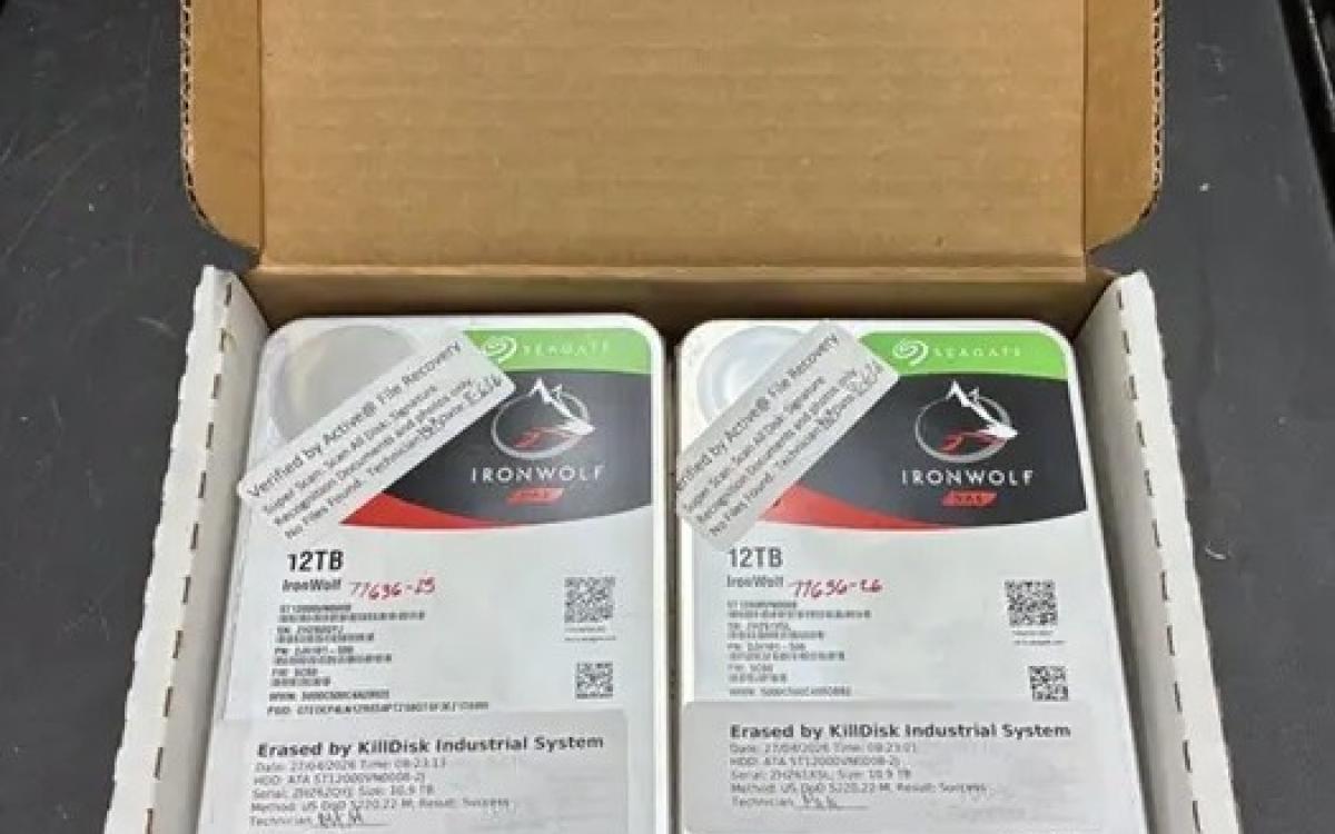 Two Seagate hard drives in a box.