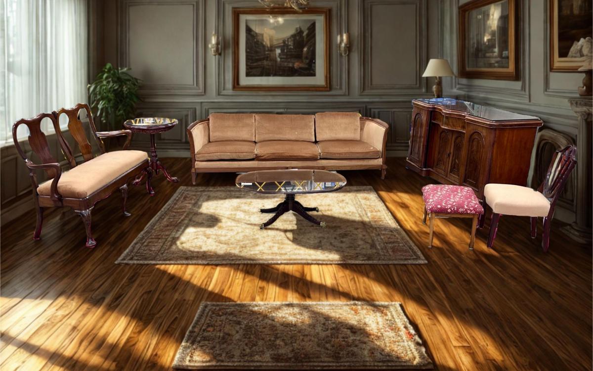 Living room furniture inserted into a generated fancy living room.