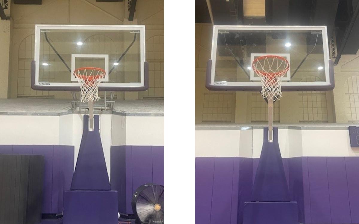 Stitch of two portable basketball backstops with purple mats.