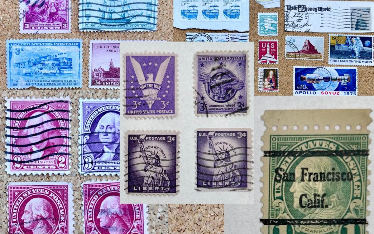 Stitched photos of several various US postage stamps.