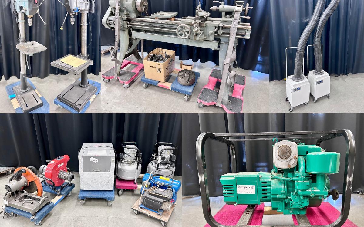 Stitch of several images of different power tools in a warehouse.