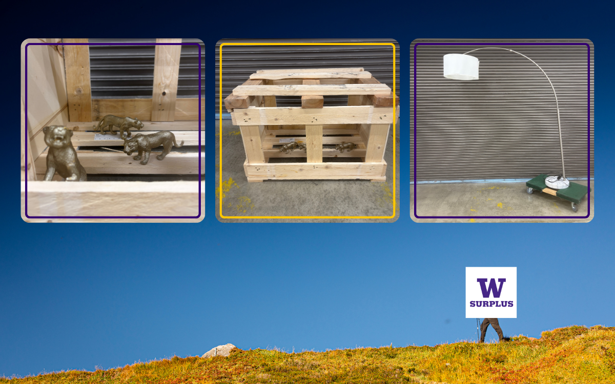 blue sky behind a person hiking with three images of spray painted animal figurines, a wooden crate and a giant lamp