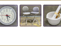 white wall clock, two small grey doctors chairs, white mortal and pestle